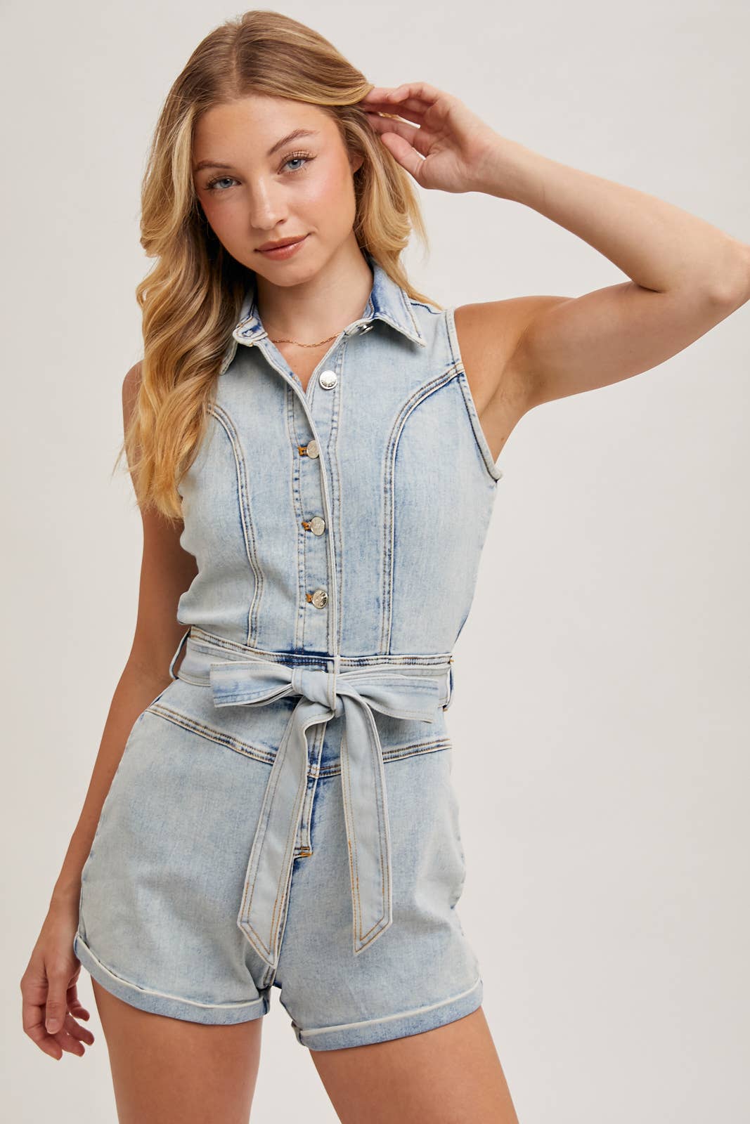 SLEEVELESS BUTTON DOWN BELTED DENIM ROMPER