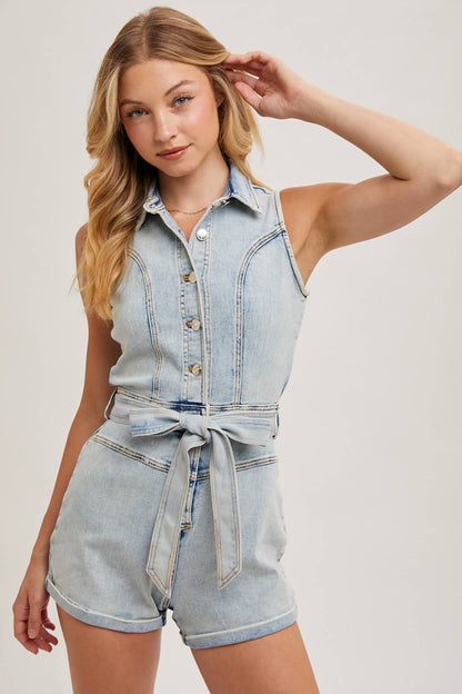 SLEEVELESS BUTTON DOWN BELTED DENIM ROMPER