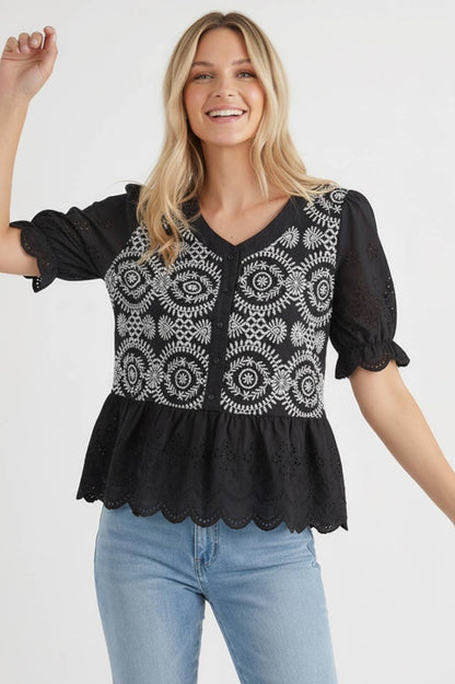 Kori America - BUTTON DOWN EYELET LACE SHIRTS BLOUSE