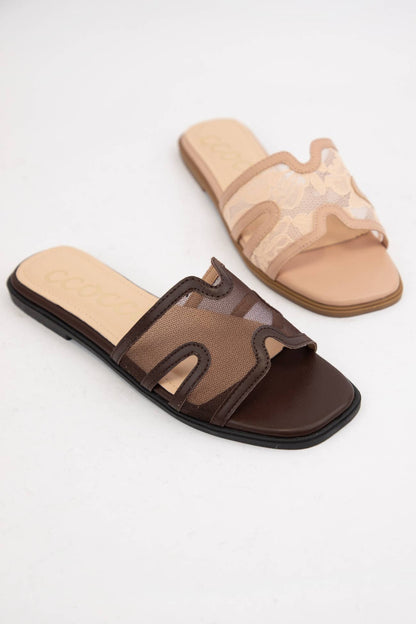 CCOCCI - BRITNEY Lace Mesh Sandals  H-Cutout Square Toe Slides