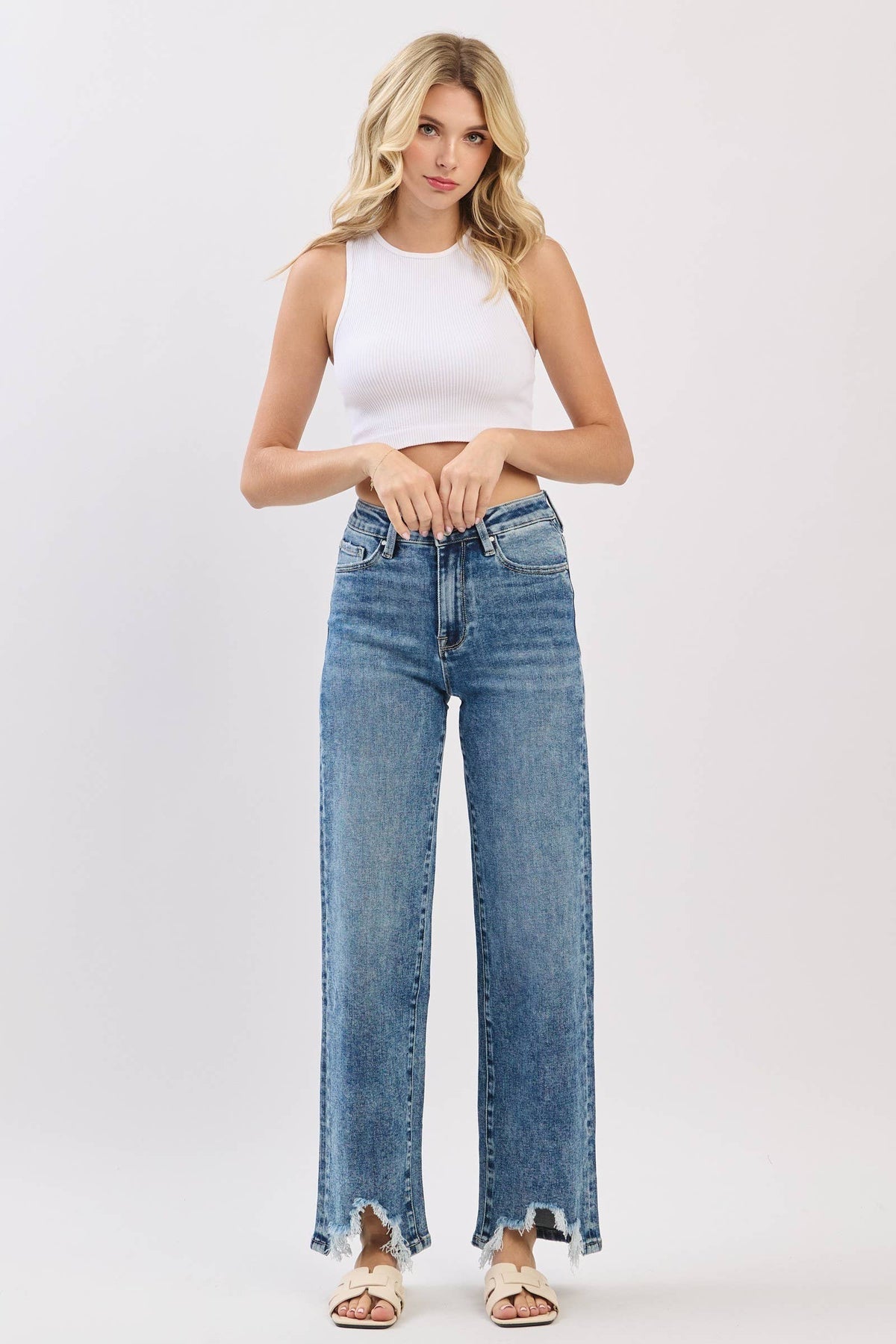 Petra153 - P1544W-MA HIGH RISE SLIM WIDE LEG W/ DESTROYED HEM JEANS
