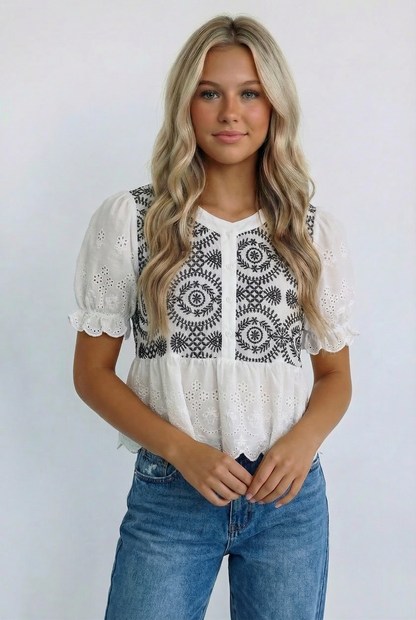 Kori America - BUTTON DOWN EYELET LACE SHIRTS BLOUSE