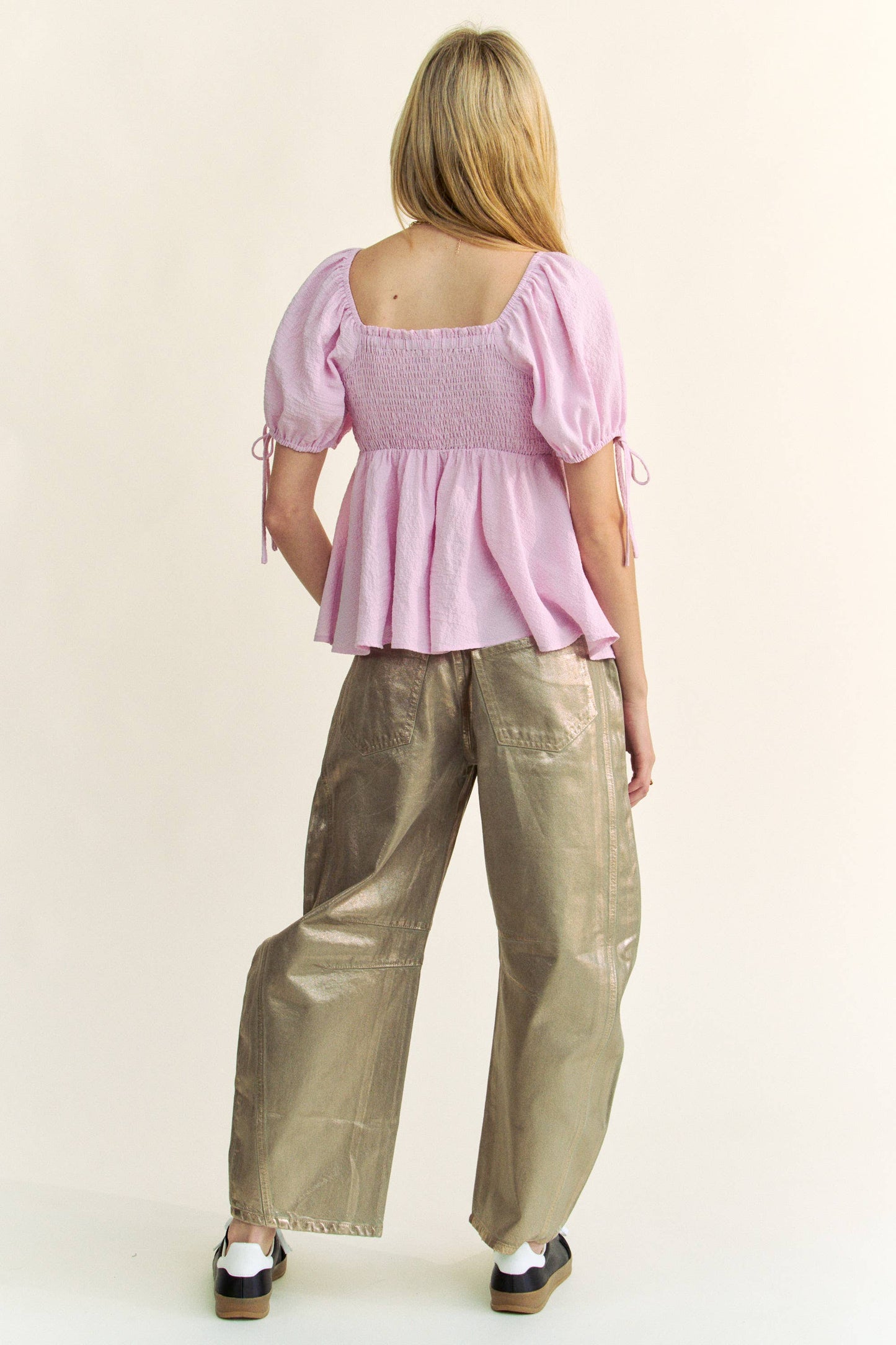 SOLID ELASTIC PEPLUM PUFFED SLEEVES BLOUSE TOP