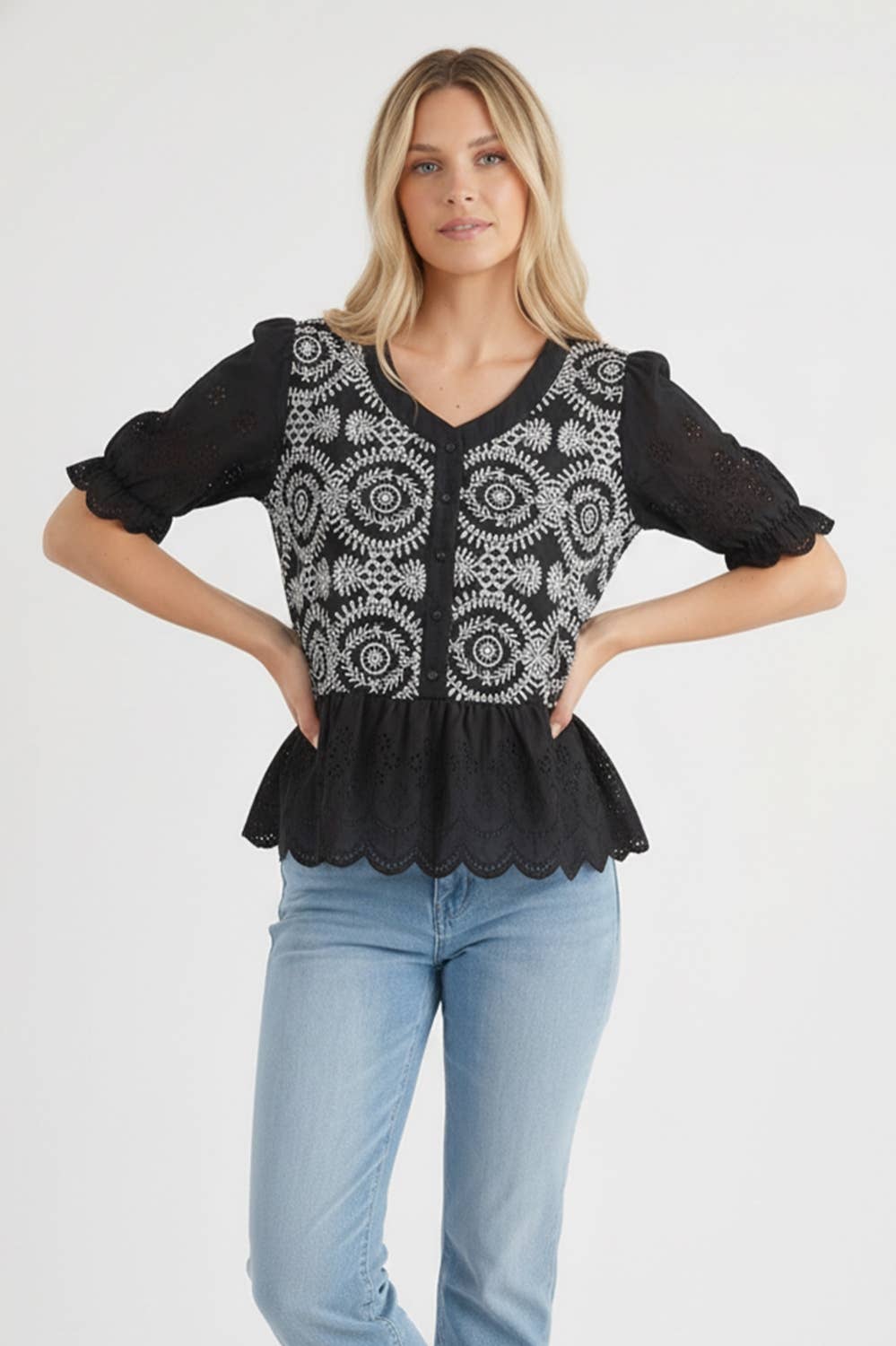 Kori America - BUTTON DOWN EYELET LACE SHIRTS BLOUSE