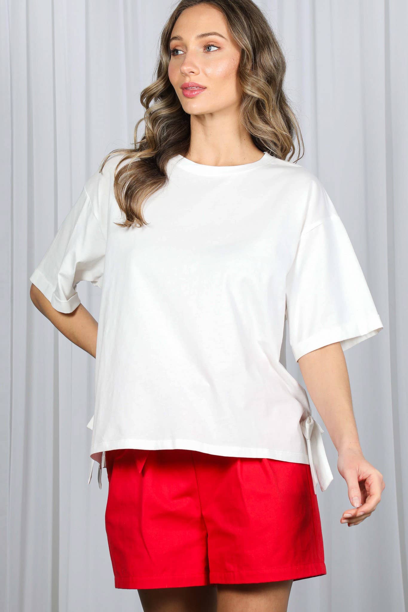 Vine & Love - Bow With Side Slit 100% Cotton Knit Top VT82807-