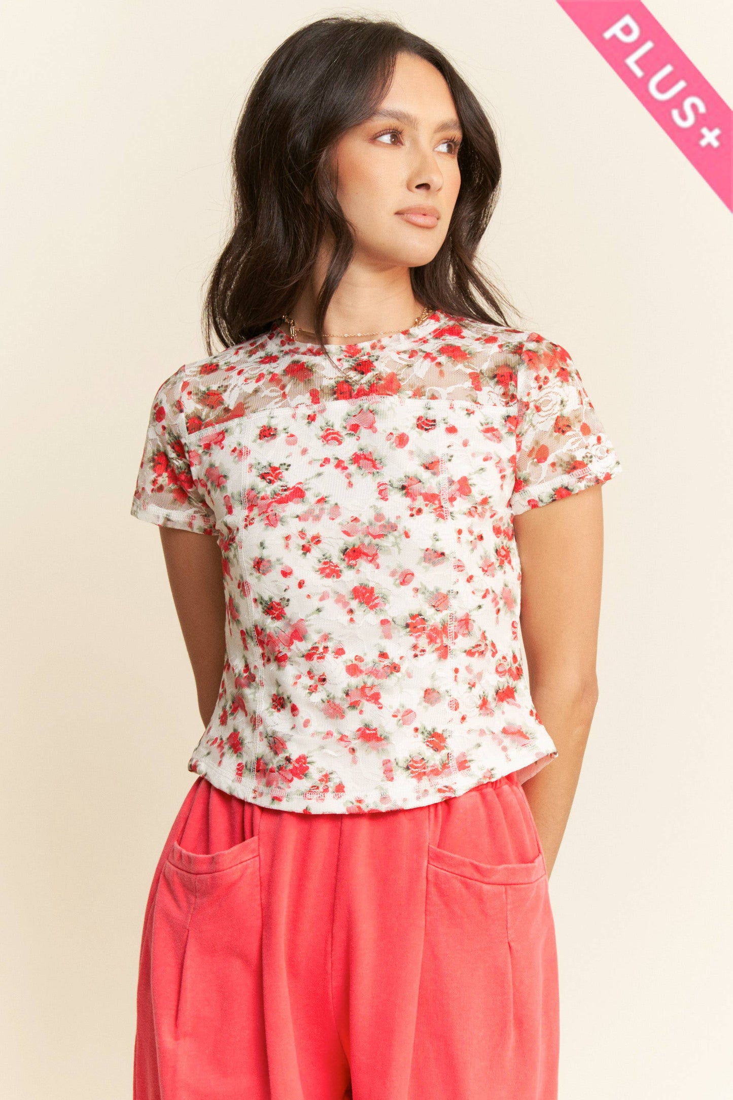 Davi & Dani - PLUS RIBBON SHORT SLEEVE LAYERED MESH TOP