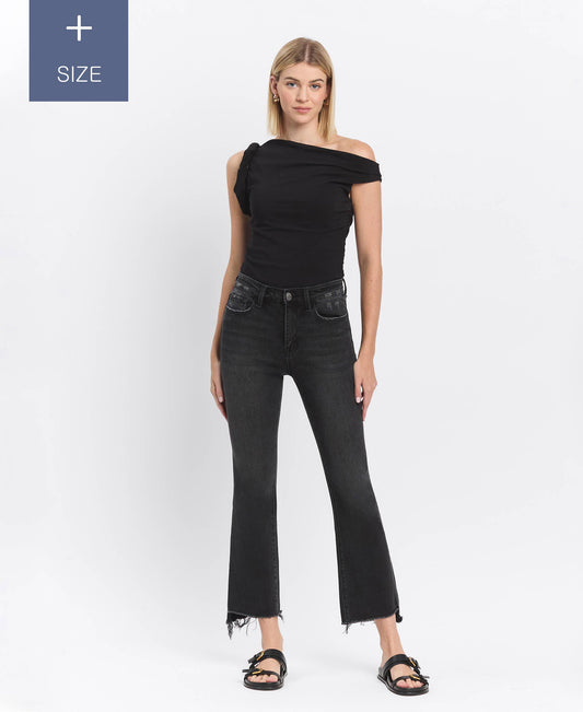 VERVET PLUS SIZE HIGH RISE RAW STEP HEM CROP FLARE JEANS