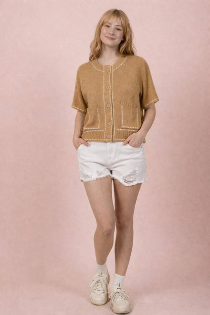 Stitch Detail Button Down Sweater Cardigan Top