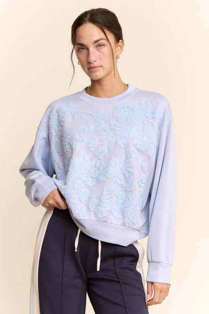 Davi & Dani - SHEER FLORAL FRONT EMBROIDERY ON SELF SWEATSHIRT