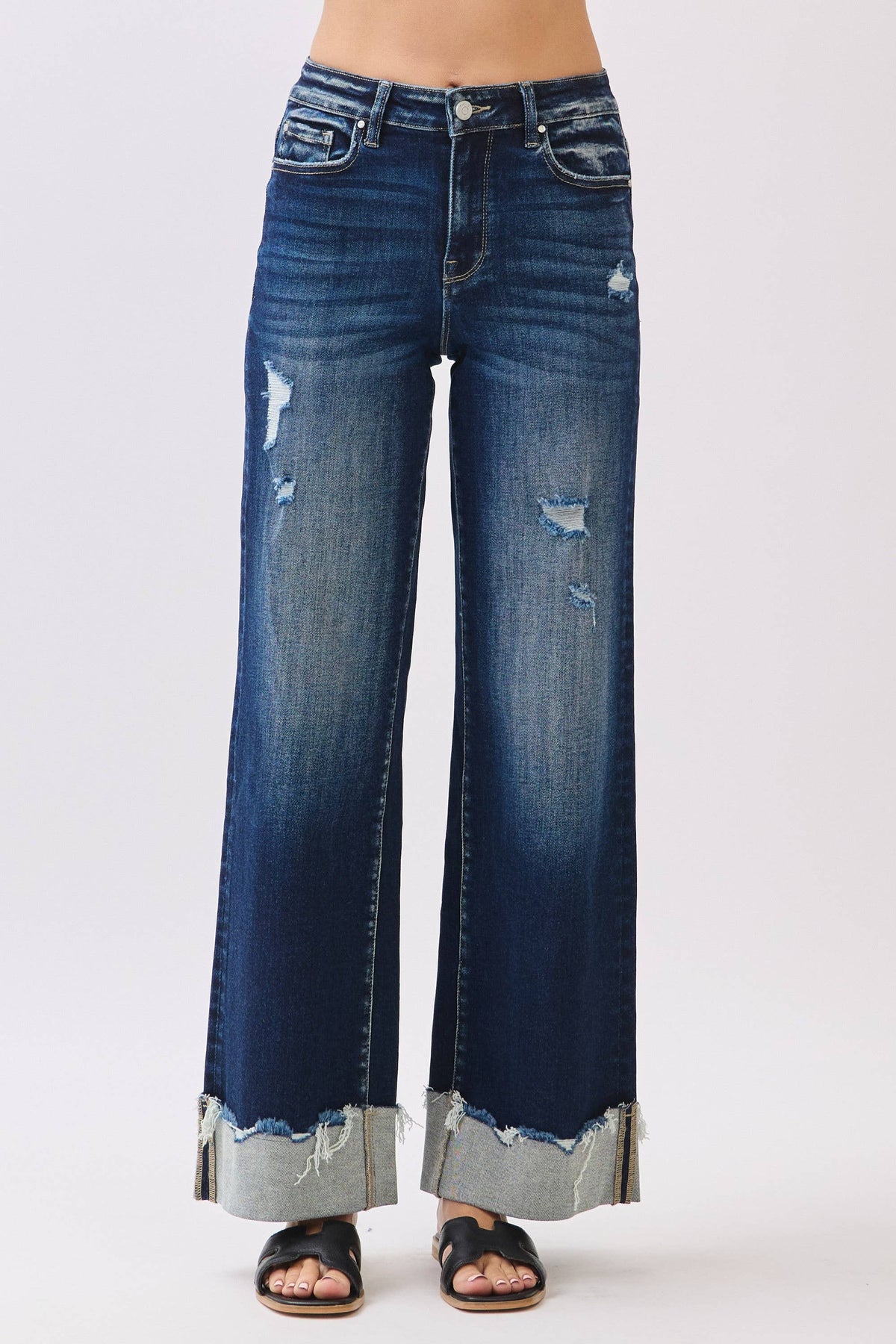 Petra153 - P1554W-DK HIGH RISE STRETCH WIDE LEG W/ CUFFED HEM JEANS