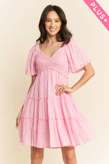 PLUS SMOCKING BODICE RUFFLE SLEEVE TIERED DRESS
