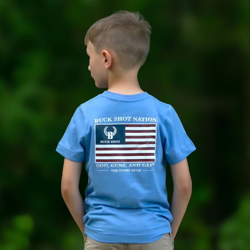 Carolina Blue Buck Shot Apparel Youth God, Guns, and Grit T-shirt, {{Size}{{Sku}}