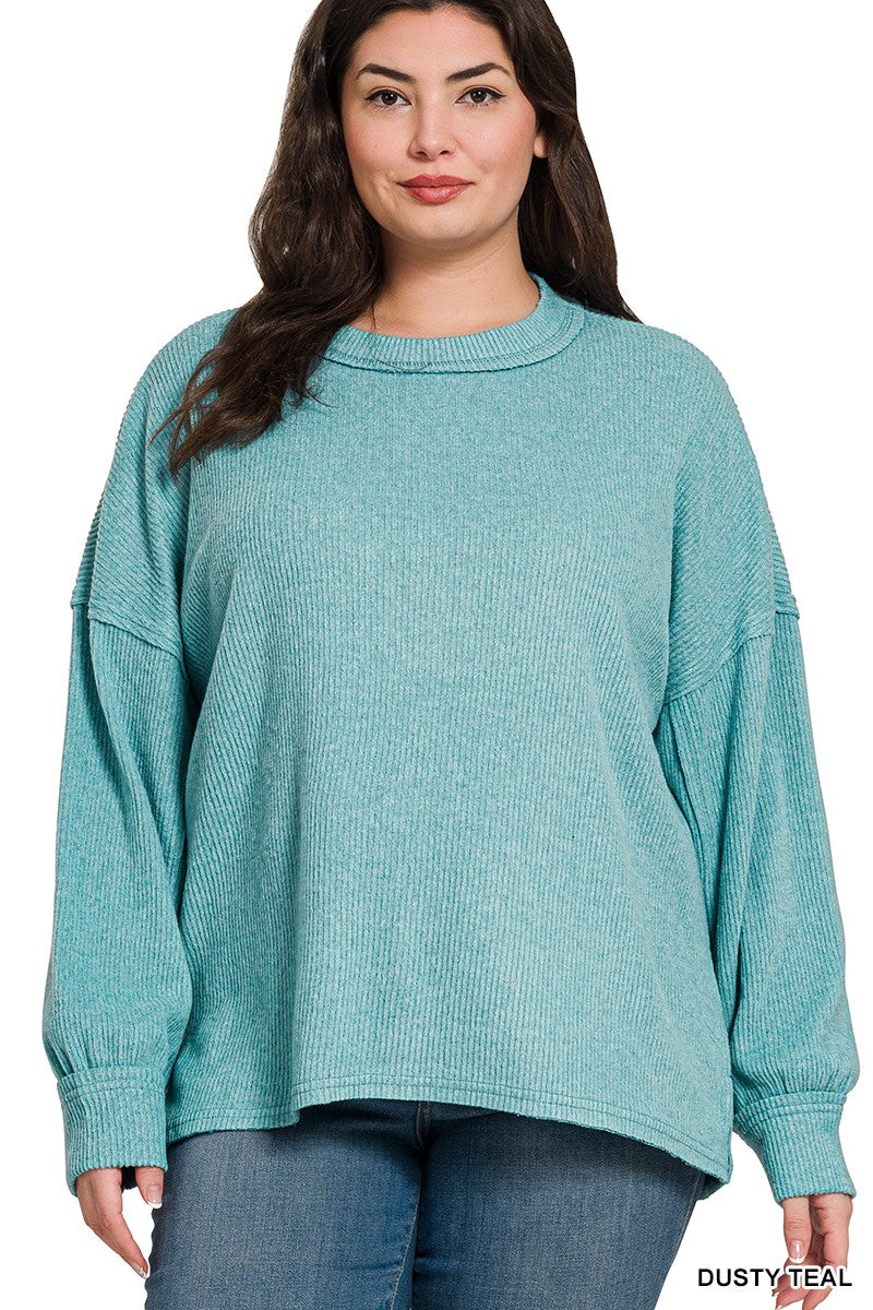 Zenana Plus Ribbed Hacci Drop Shoulder Sweater